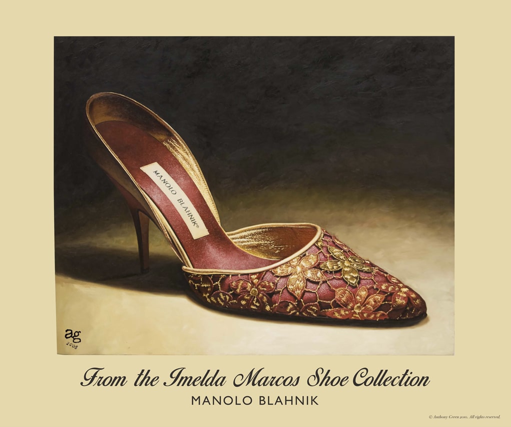 Manolo Blahnik shoe print of red satin tapestry embroidered heels with gold floral piping from the Imelda Marcos Shoe Collection.