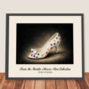 Framed Oleg Cassini Polkadot Pumps art print featuring rippled white leather, multicoloured dots and decorative bow, ready for hanging