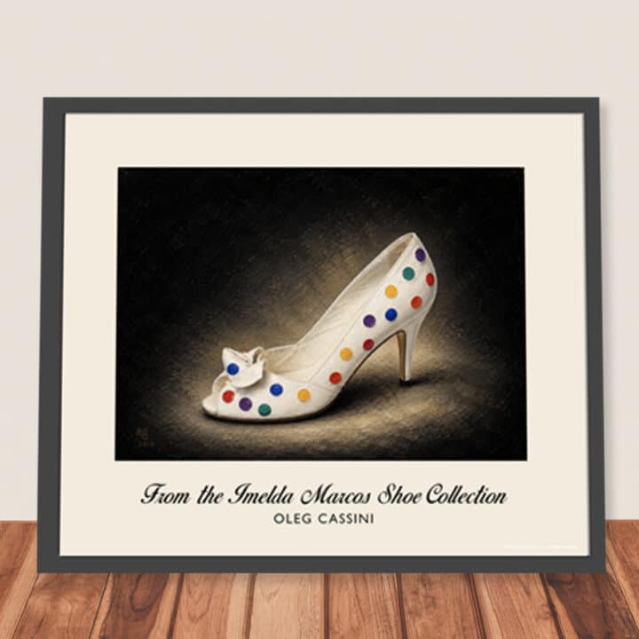Framed Oleg Cassini Polkadot Pumps art print featuring rippled white leather, multicoloured dots and decorative bow, ready for hanging