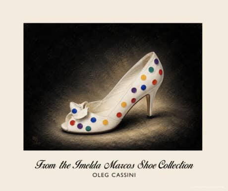 Oleg Cassini Polkadot Pumps in rippled white leather with multicoloured dots and decorative bow from the Imelda Marcos Shoe Collection