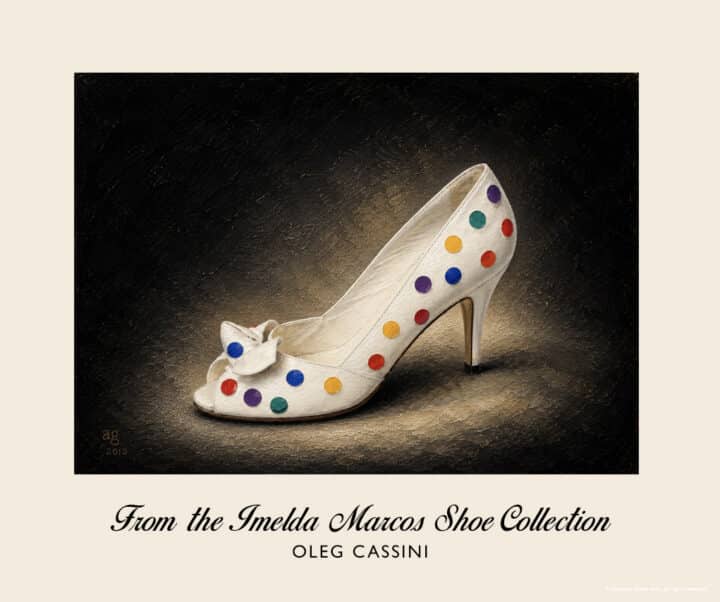 Oleg Cassini Polkadot Pumps in rippled white leather with multicoloured dots and decorative bow from the Imelda Marcos Shoe Collection