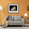 Oleg Cassini Polkadot Pumps art print displayed in a living room, featuring white leather, multicoloured dots and decorative bow