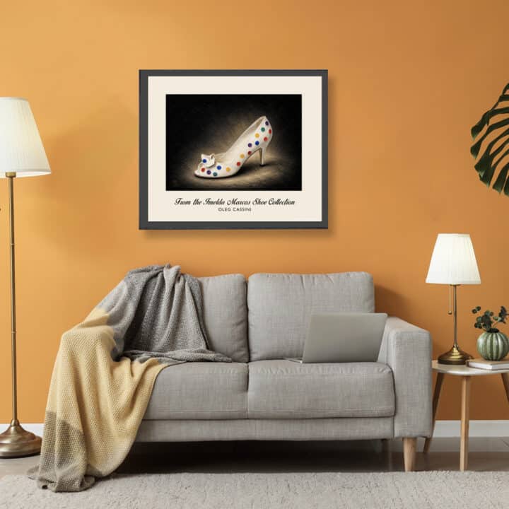Oleg Cassini Polkadot Pumps art print displayed in a living room, featuring white leather, multicoloured dots and decorative bow