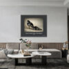 Framed Renata Iridescent Stiletto Pumps art print from the Imelda Marcos Shoe Collection displayed in a contemporary living room