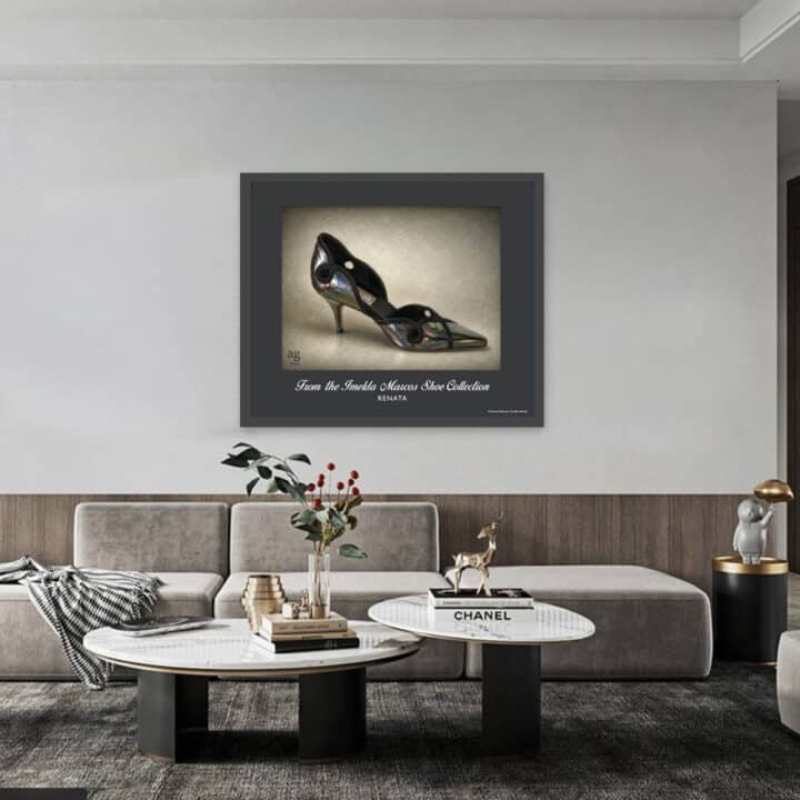 Framed Renata Iridescent Stiletto Pumps art print from the Imelda Marcos Shoe Collection displayed in a contemporary living room
