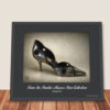 Framed Renata Iridescent Stiletto Pumps art print from the Imelda Marcos Shoe Collection leaning against a wall ready for hanging