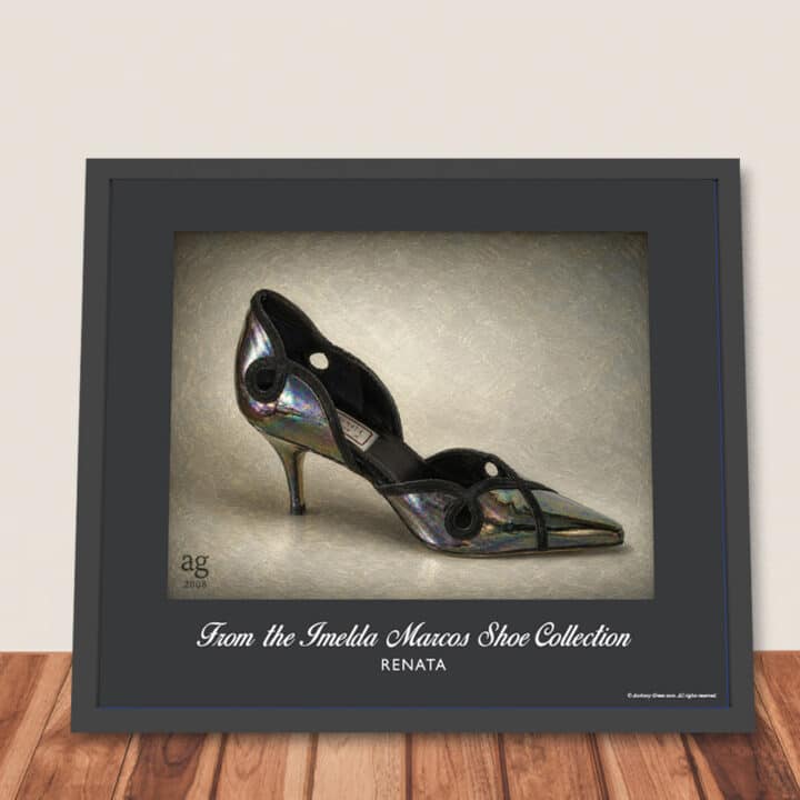 Framed Renata Iridescent Stiletto Pumps art print from the Imelda Marcos Shoe Collection leaning against a wall ready for hanging
