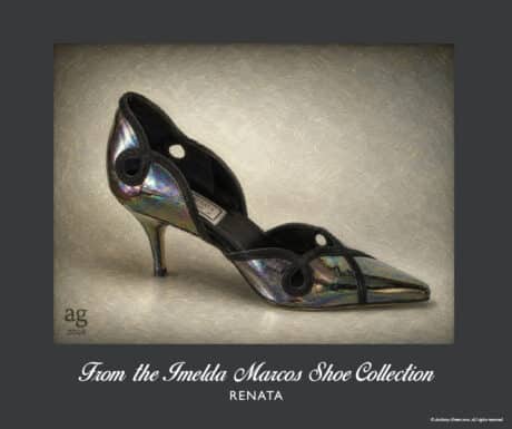 Renata Iridescent Stiletto Pumps with petrol-effect leather and black suede piping from the Imelda Marcos Shoe Collection