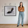 René Caovilla Black Velvet Pumps 30 x 24 inch art print shown beside a woman to demonstrate the framed print size.