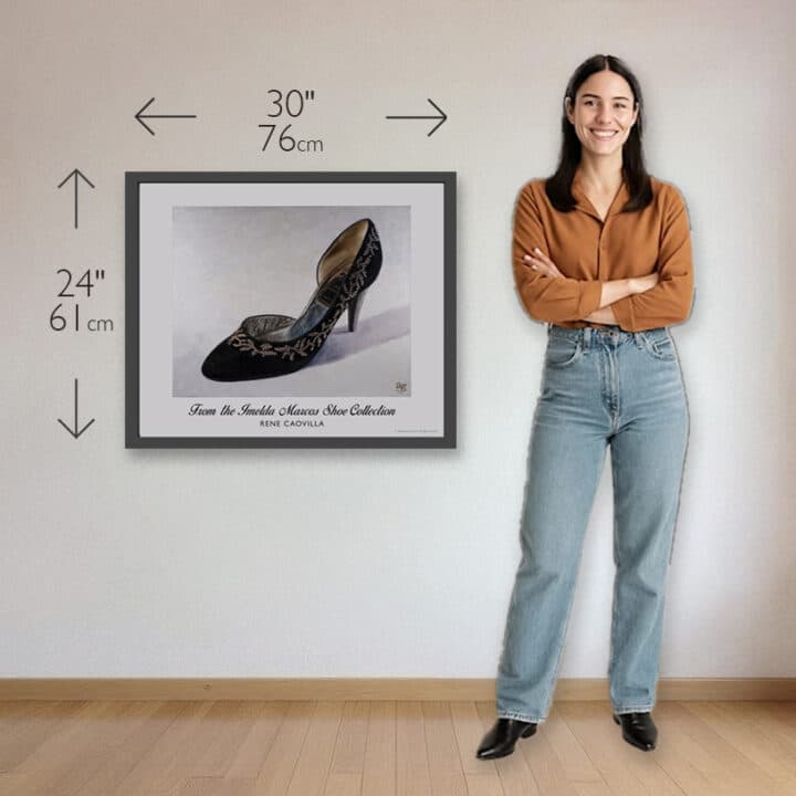 René Caovilla Black Velvet Pumps 30 x 24 inch art print shown beside a woman to demonstrate the framed print size.