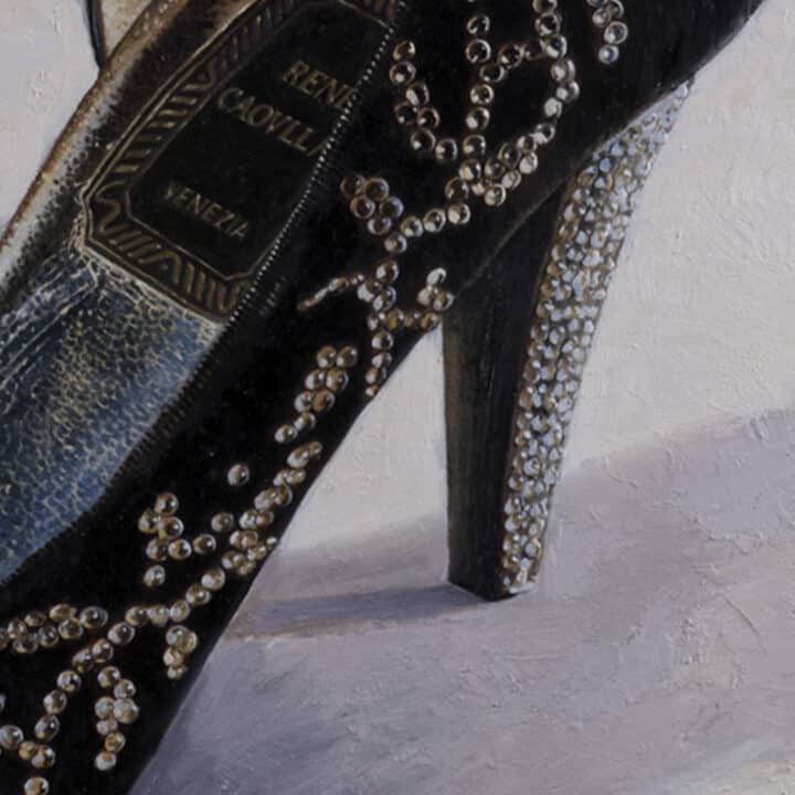 Close-up of René Caovilla Black Velvet Pumps showing crystal embellishments, silver metallic lining and jewelled three-inch heel.