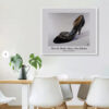 Framed René Caovilla Black Velvet Pumps art print from the Imelda Marcos Shoe Collection displayed as dining room wall art.