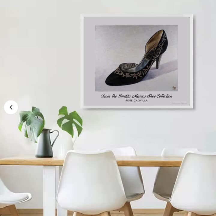 Framed René Caovilla Black Velvet Pumps art print from the Imelda Marcos Shoe Collection displayed as dining room wall art.