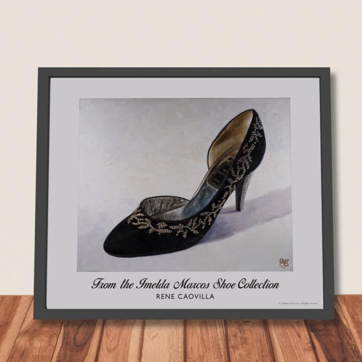 Framed René Caovilla Black Velvet Pumps art print from the Imelda Marcos Shoe Collection, shown ready for wall hanging.