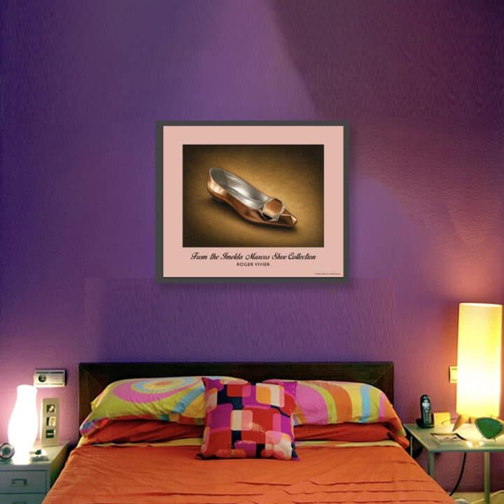 Framed Roger Vivier Bronze Gold Pumps art print from the Imelda Marcos Shoe Collection displayed in a colourful bedroom