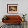 Framed Roger Vivier Bronze Gold Pumps art print from the Imelda Marcos Shoe Collection displayed in a contemporary living room