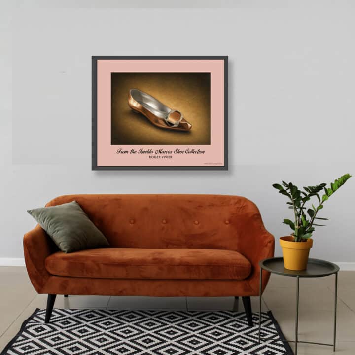 Framed Roger Vivier Bronze Gold Pumps art print from the Imelda Marcos Shoe Collection displayed in a contemporary living room