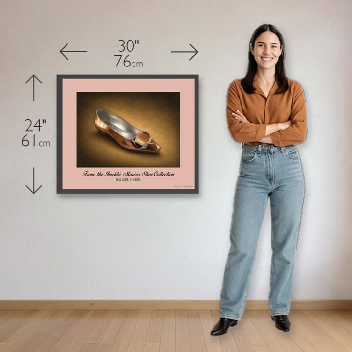 Roger Vivier Bronze Gold Pumps art print showing 30 x 24 inch size from the Imelda Marcos Shoe Collection