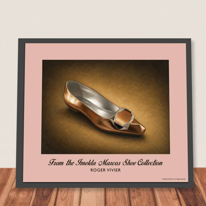 Framed Roger Vivier Bronze Gold Pumps art print with silver buckle and chisel toe, ready for hanging