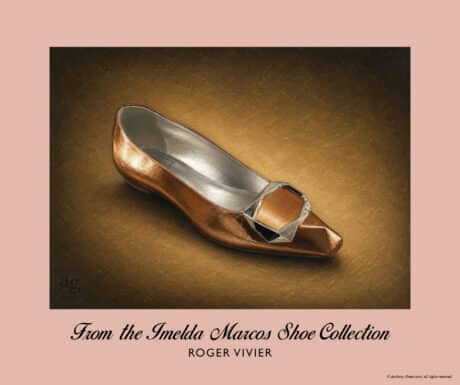 Roger Vivier Bronze Gold Pumps with silver buckle, chisel toe and silver metallic lining from the Imelda Marcos Shoe Collection