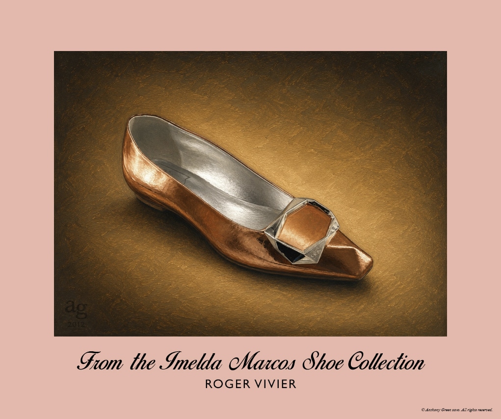 Roger Vivier Bronze Gold Pumps with silver buckle, chisel toe and silver metallic lining from the Imelda Marcos Shoe Collection