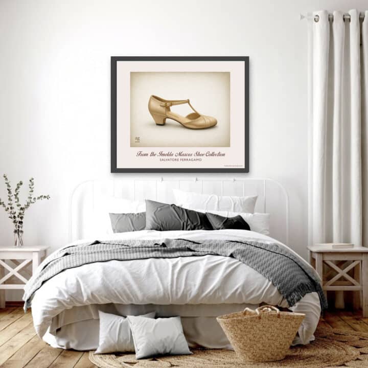 Salvatore Ferragamo cream leather pumps art print displayed in a bright contemporary bedroom setting