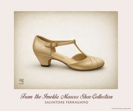 Salvatore Ferragamo cream leather pumps with lizard-textured panels, kitten heel and gold buckle from the Imelda Marcos Shoe Collection