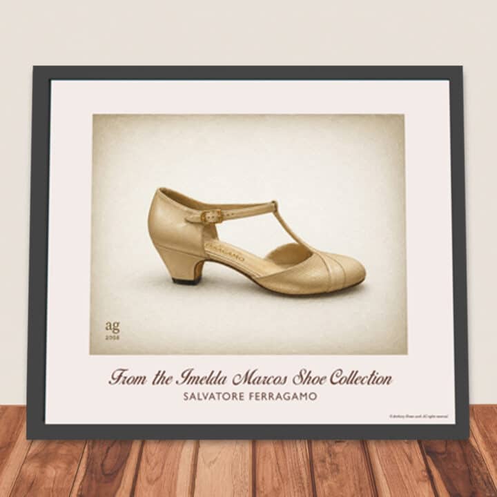 Salvatore Ferragamo cream leather pumps framed art print leaning against a wall ready for hanging