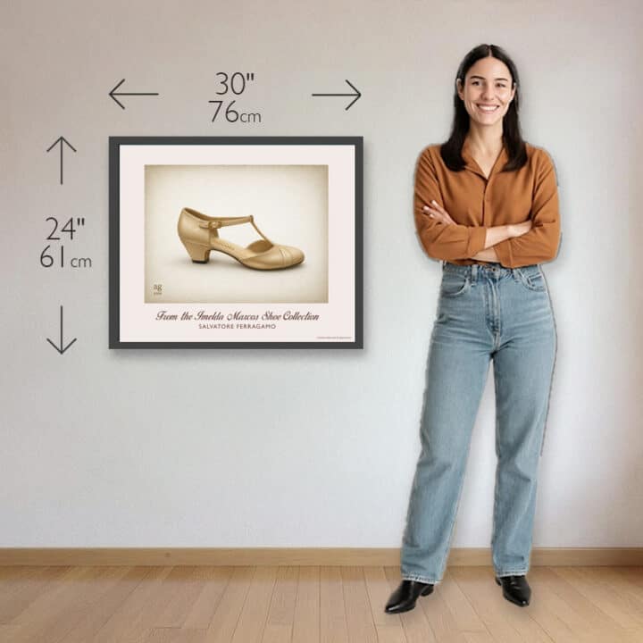 Salvatore Ferragamo cream leather pumps art print showing 30 x 24 inch print size for scale