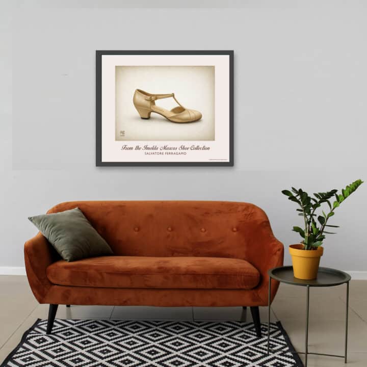 Salvatore Ferragamo cream leather pumps art print displayed in a contemporary living room setting
