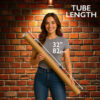 Woman holding a 32-inch (82 cm) Sole Support mailing tube showing the size of the protective packaging used for museum-quality art print delivery.
