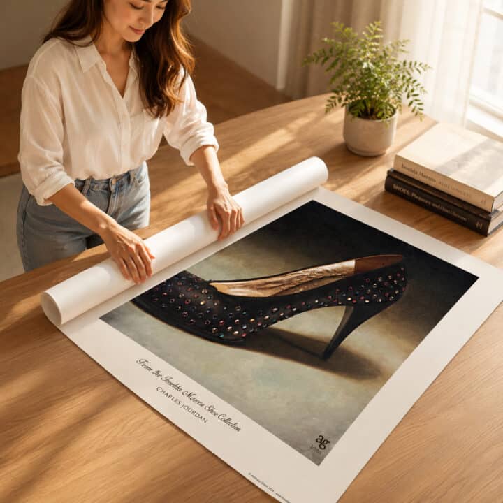 Woman carefully rolling a museum-quality Sole Support fine art print before secure worldwide shipping in a protective mailing tube.