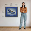 Yves Saint Laurent midnight blue heels art print showing 30 x 24 inch print size beside woman for scale