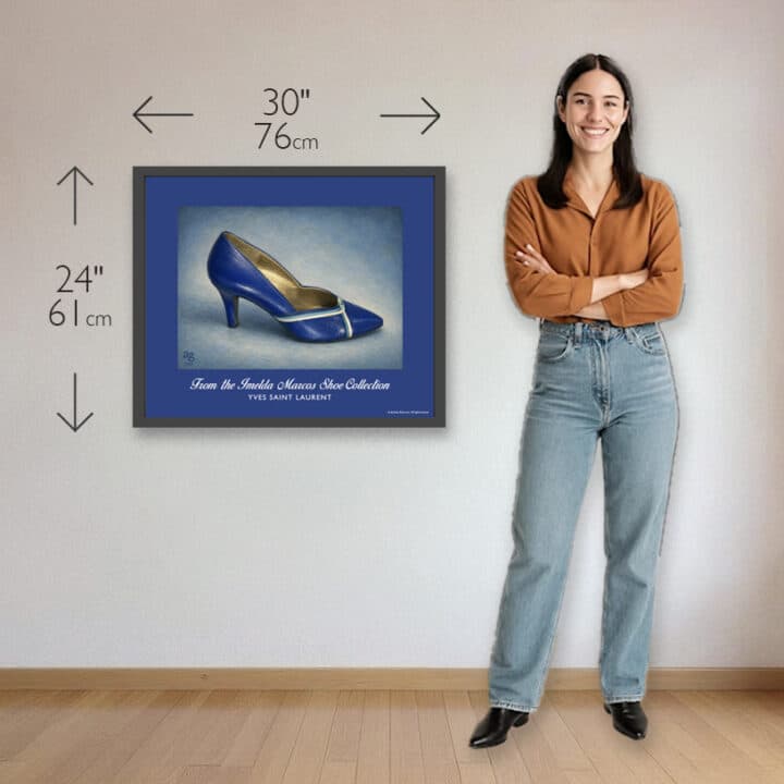 Yves Saint Laurent midnight blue heels art print showing 30 x 24 inch print size beside woman for scale