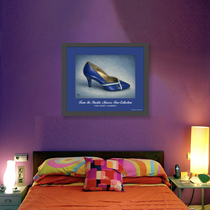 Yves Saint Laurent midnight blue heels art print with sky blue and white trim displayed in a colourful bedroom