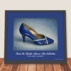 Yves Saint Laurent midnight blue heels art print with sky blue and white trim, framed and ready for hanging