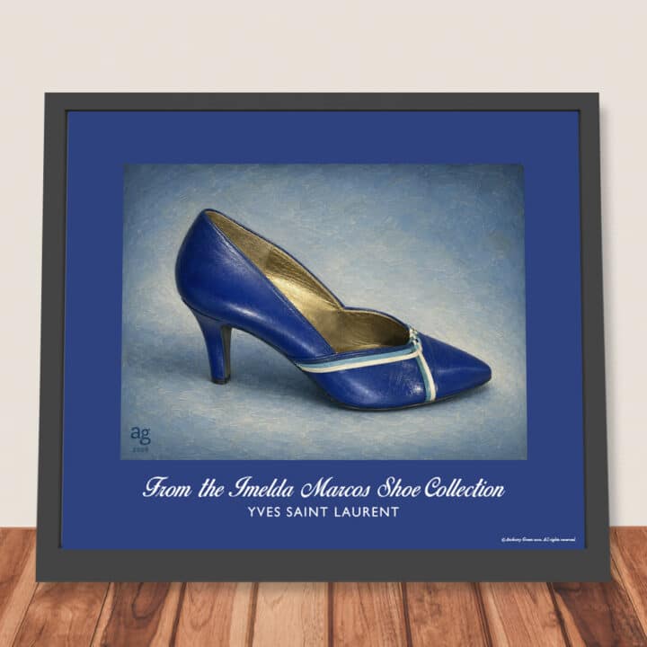 Yves Saint Laurent midnight blue heels art print with sky blue and white trim, framed and ready for hanging