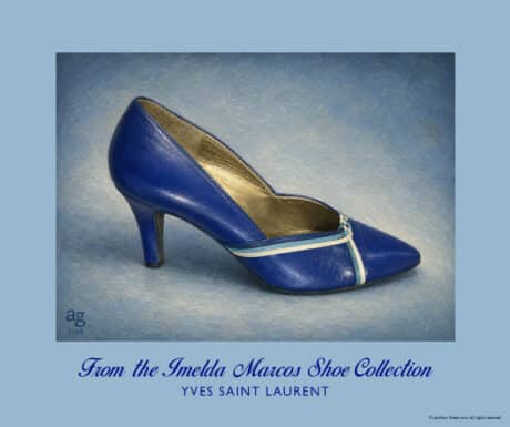 Yves Saint Laurent midnight blue heels with sky blue and white trim from the Imelda Marcos Shoe Collection