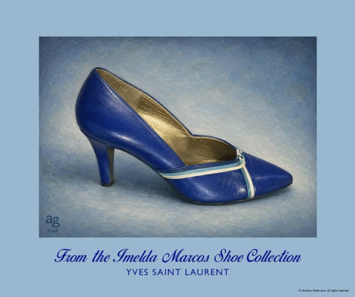 Yves Saint Laurent midnight blue heels with sky blue and white trim from the Imelda Marcos Shoe Collection