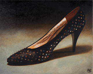 Oil painting of a Charles Jourdan Serenade Pump from the Imelda Marcos Shoe Collection, museum-quality shoe art print by A. J. Green.