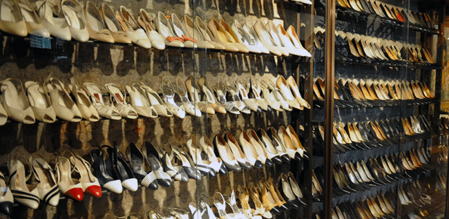 Display of shoes at the Marikina Shoe Museum in the Philippines, home to many shoes from the famous Imelda Marcos Shoe Collection.