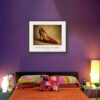 Prada Red Velvet Pumps art print displayed in a bedroom, featuring gold metallic lining and a high stiletto heel