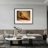 Prada Red Velvet Pumps art print displayed in a living room, featuring gold metallic lining and a high stiletto heel