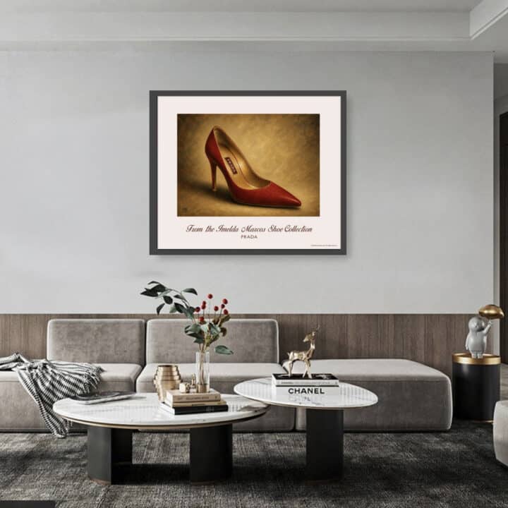 Prada Red Velvet Pumps art print displayed in a living room, featuring gold metallic lining and a high stiletto heel