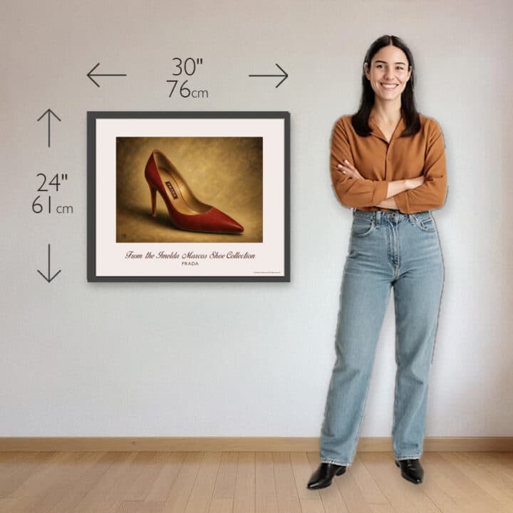 Prada Red Velvet Pumps framed art print shown at 30 x 24 inches, featuring gold metallic lining and high stiletto heel