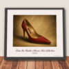 Framed Prada Red Velvet Pumps art print featuring gold metallic lining and high stiletto heel, shown against a wall ready for hanging