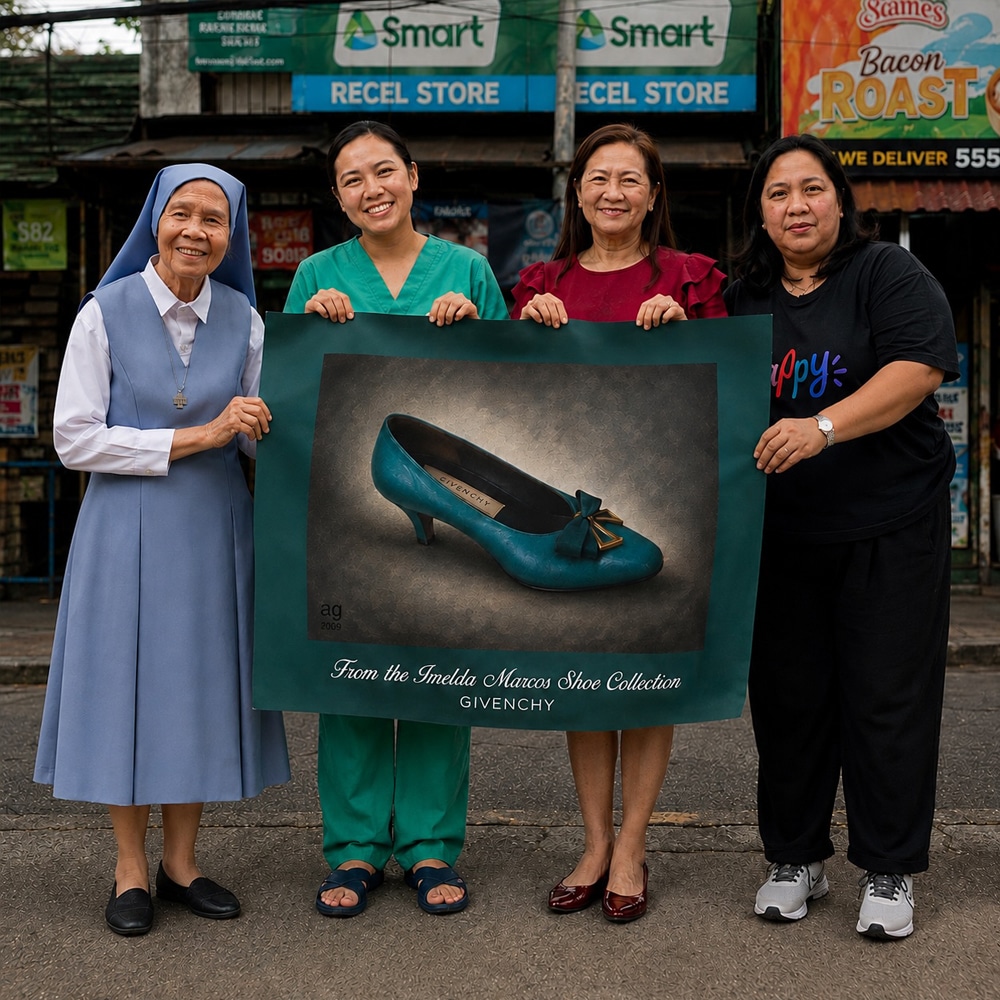 Sole Support charity workers holding an Imelda Marcos shoe print in Manila