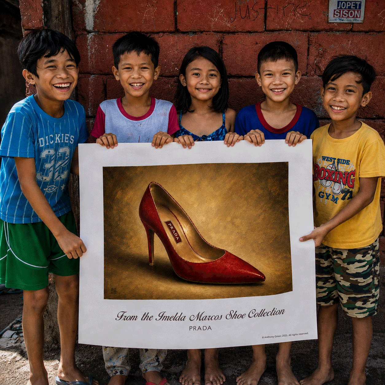 Children in Manila holding a Sole Support shoe art print raising funds for homeless children