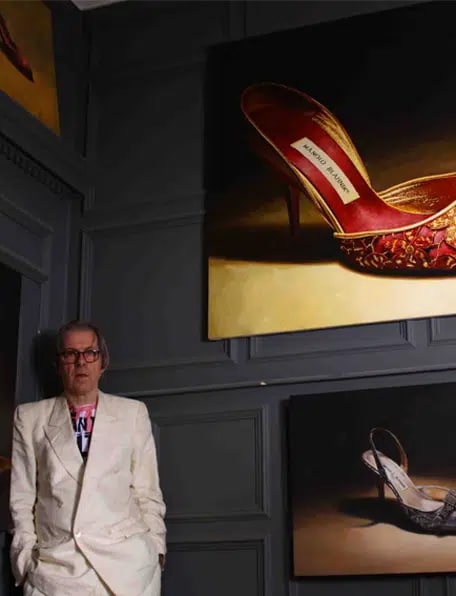 British artist A A. J. Green at the first exhibition of his Imelda Marcos Shoe Collection paintings at Great Brampton House Art Gallery, Hereford, UK, April 2011.