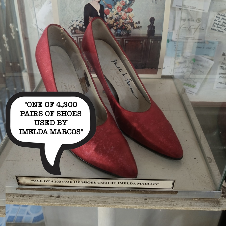 Imelda Marcos red shoes displayed at Special Battalion Military Museum, Puerto Princesa on the island of Palawan. with a label referring to 4,200 pairs